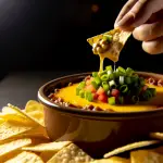 The Best Hamburger Dip Recipe: Cheesy, Meaty & Perfect for Any Party! 2 The image has a bowl of creamy, cheesy hamburger dip with a golden, bubbly surface, surrounded by tortilla chips and fresh garnishes like chopped green onions and diced tomatoes. A hand is dipping a chip, stretching gooey cheese for a mouthwatering effect