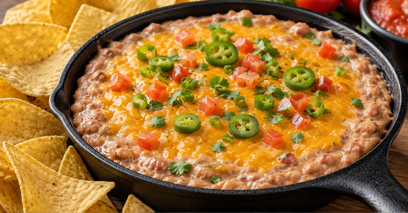 Home 1 Easy homemade bean dip recipe with refried beans, melted cheddar cheese, jalapeños and tomatoes
