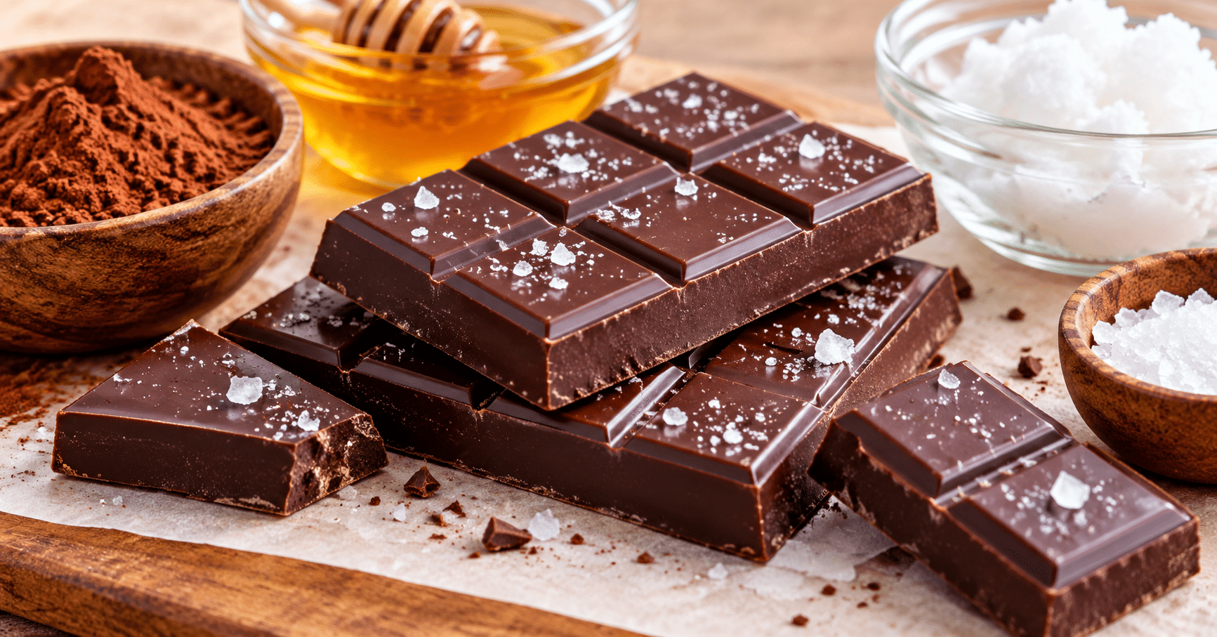 Homemade chocolate bar recipe made with cocoa powder, coconut oil, honey, and sea salt
