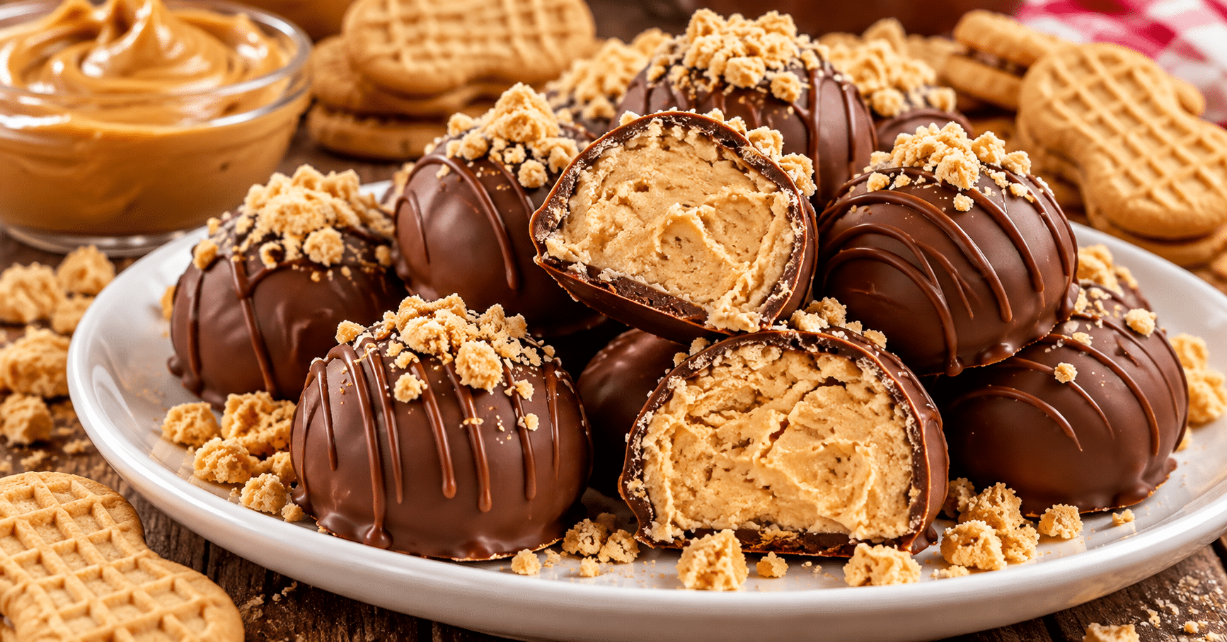 Homemade Nutter Butter Balls dipped in chocolate with creamy peanut butter cookie filling